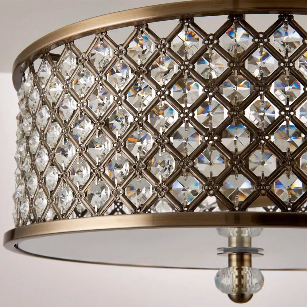 Loops Flush Ceiling Mounted Light in Antique Brass and Crystal with Round Shade – 2