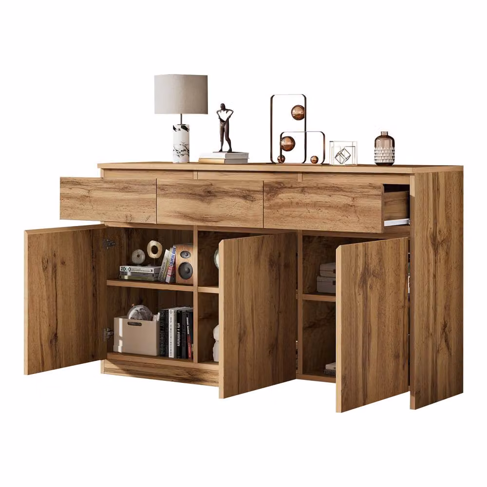 Merax Modern Light Oak Effect Sideboard Buffet Cabinet with 3 Drawers and 3 Doors, W: 81 cm, D: 40 cm, H: 40 cm – 2