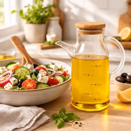ORNAMI Olive Oil Dispenser and Vinegar Cruet Bottle with Natural Bamboo Lid and Handle, 550ml, Transparent Glass – 2