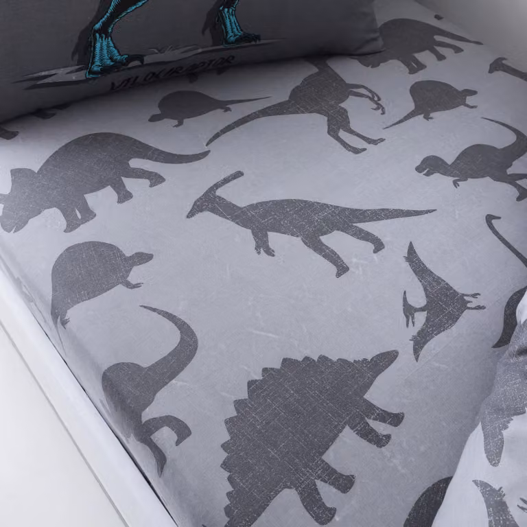 Smart Living Kids Dino Friends Polycotton Fitted Sheet and Pillowcase Set, Grey, W/D/H: 90 x 200 cm