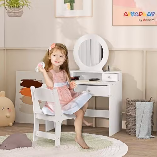AIYAPLAY Kids Dressing Table with Mirror and Stool in White – 2