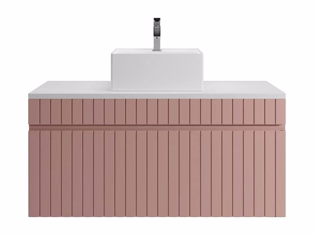 Vente-unique Striped Pink and White Suspended Bathroom Furniture with Countertop Basin – 2
