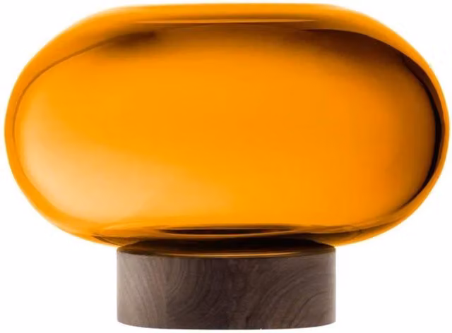 LSA Oblate Glass Vase Lantern with Walnut Base in Amber