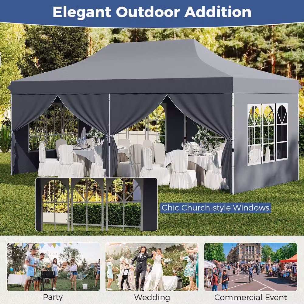 Gymax Portable Instant Pop Up Canopy Gazebo Tent with Windows, Grey, W: 6 m, D: 3 m – 3