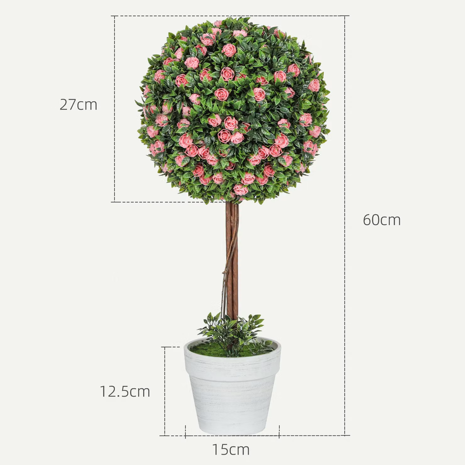 HOMCOM Set of 2 Pink Artificial Rose Ball Topiary Trees for Indoor and Outdoor Decor, Height: 60 cm – 3