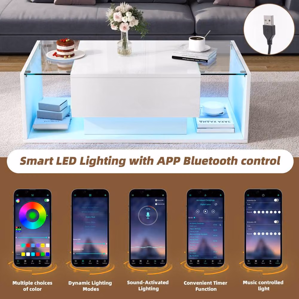Merax White High Gloss LED Coffee Table with Drawer and Glass Top – 4