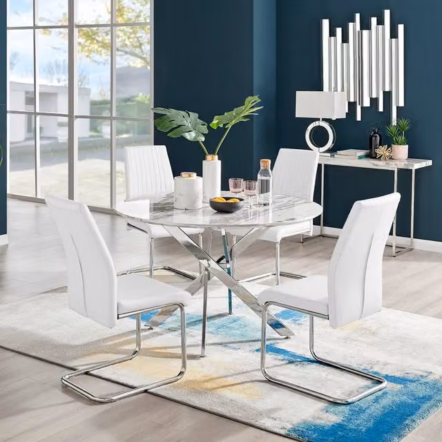 FurnitureboxUK Novara White Marble Effect Round Dining Table and 4 Lorenzo Chairs Set in White and Silver