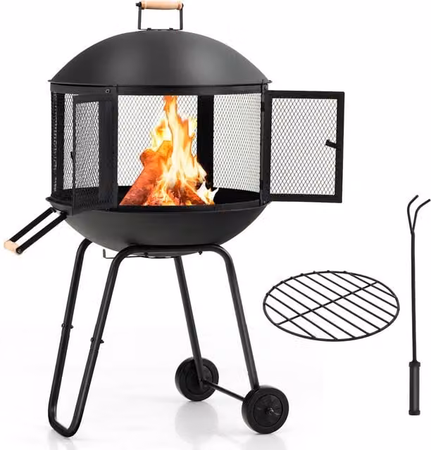Costway Black Patio Fire Pit with Fire Bowl and Wheels, W/D/H: 108 x 69 x 108 cm