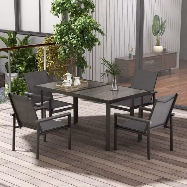 Outsunny Modern Grey Garden Dining Set with Glass Top Rectangular Table and 7 Chairs