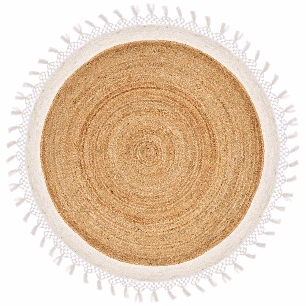Wyld and Coco Round Braided Jute and Cotton Rug in Beige and White, Diameter: 140 cm – 2