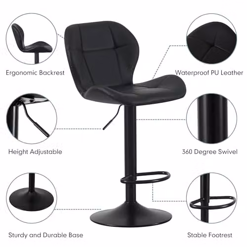 mcc direct Stella Set of 2 Black Faux Leather Swivel Bar Stools with Backrest and Metal Base – 4
