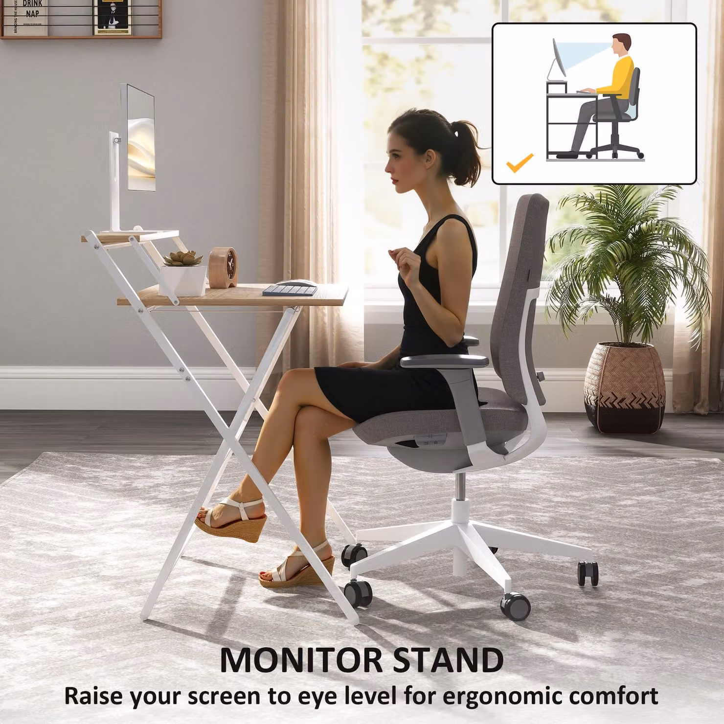 HOMCOM Folding Computer Desk with Monitor Shelf in Brown and White, 70 cm Width – 4