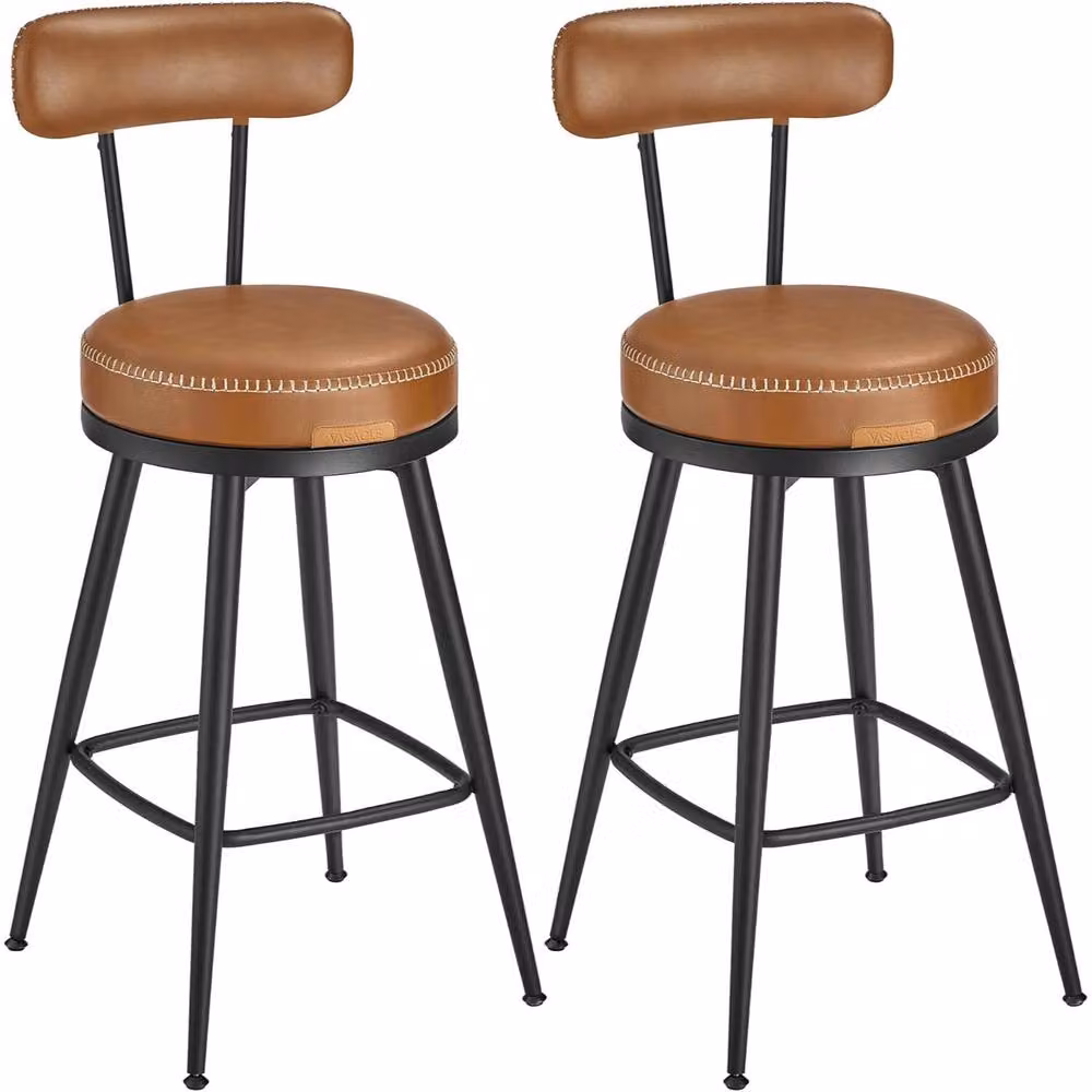 The Bazaarist Set of 2 Modern Swivel Bar Chairs with Backrest in Camel Brown PU Leather – 2