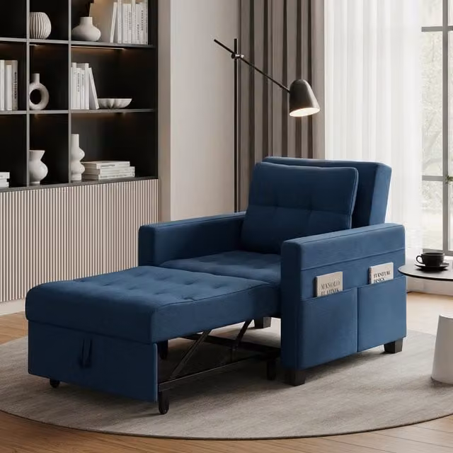 Yaheetech Blue Convertible Sofa Chair Sleeper with Ottoman Extension and Armrests