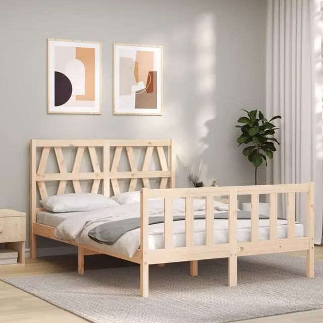Berkfield Home Beautiful Bed Frame with Headboard in Natural Solid Pine, W/D/H: 140 x 190 x 145.5 cm – 1