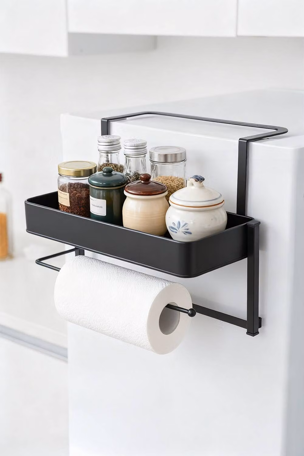 Living and Home Multi-Use Black Metal Fridge Side Storage Rack with Spice Rack, Roll Holder and Towel Rack – 2