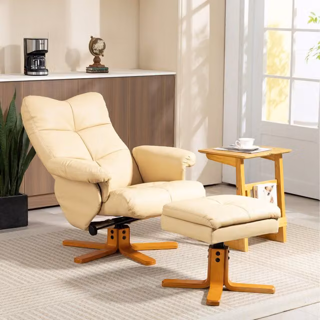 HOMCOM Mid-Century Relax Recliner Chair and Footstool in Light Grey and Beige PU Leather with Wooden Base