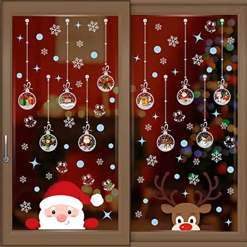 WALPLUS Christmas Window Stickers, 83 Piece Reusable Double-Sided Decals for Glass Windows with Santa and Rudolph Designs, Multicolour