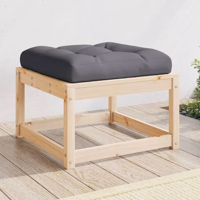 Berkfield Home Rustic Solid Pine Garden Footstool with Grey Cushions in Brown