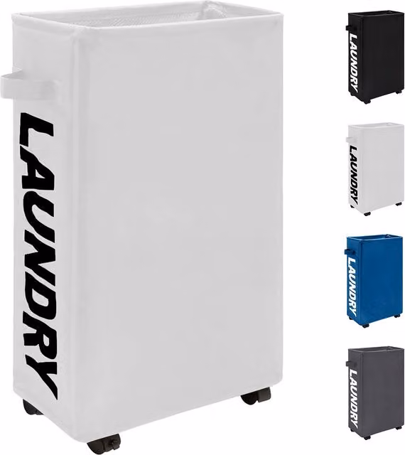 Neel Blue Collapsible Rolling Laundry Basket with Wheels, 38L, White, W: 40 cm, D: 18 cm, H: 53 cm – 1