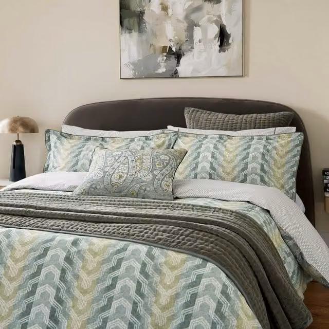 Bedeck of Belfast Reya Kingsize Reversible Striped Cotton Percale Duvet Cover and Pillowcase Set, Green, W: 180 cm, L: 200 cm