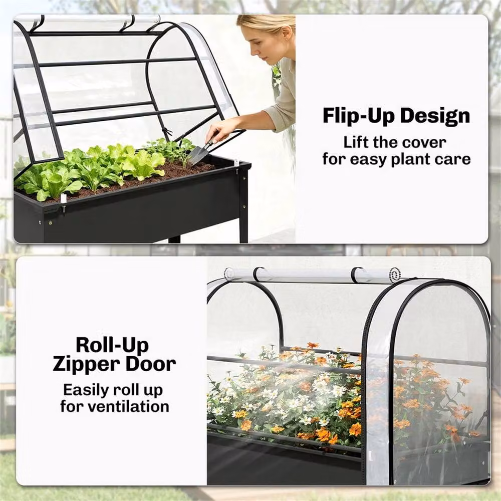 SPETLEK Black Metal Raised Planter Box with Flip-up Greenhouse Cover – 3