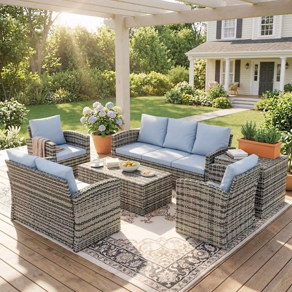 OUTSUNNY 6 Piece Grey Rattan Patio Sofa Set with Upholstered Cushions and Powder Coated Steel Frame – 2