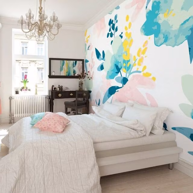 Origin Murals Graphic Flower Blush and Jade Floral Wall Mural in Pink, Green and White