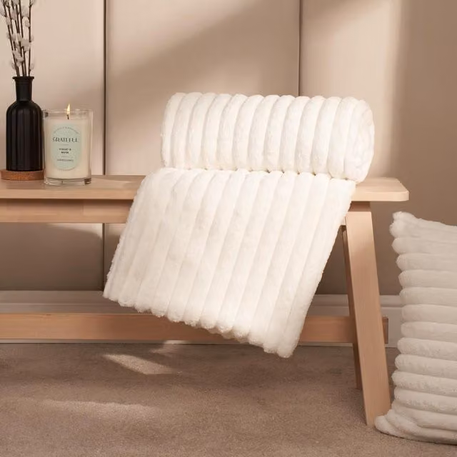 OHS White Faux Fur Thick Ribbed Striped Hygge Throw