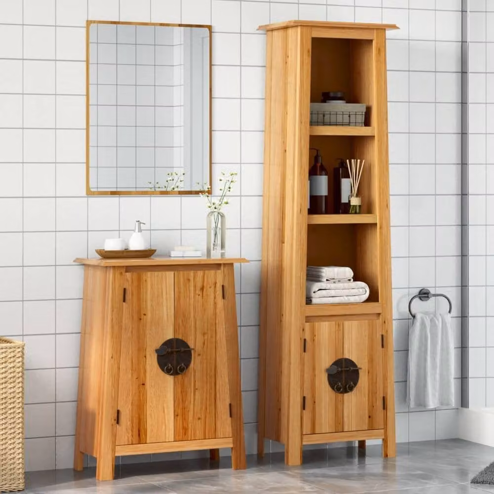 Berkfield Home Beautiful 2 Piece Vintage Bathroom Furniture Set in Brown Solid Pine Wood, H 170 cm x W 32 cm x D 40 cm (Tall Cabinet and Side Cabinet) – 2