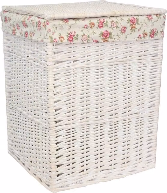 White Wash Wicker Square Laundry Basket with Red Cotton Fabric Lining and Handles, Diameter: 33 cm