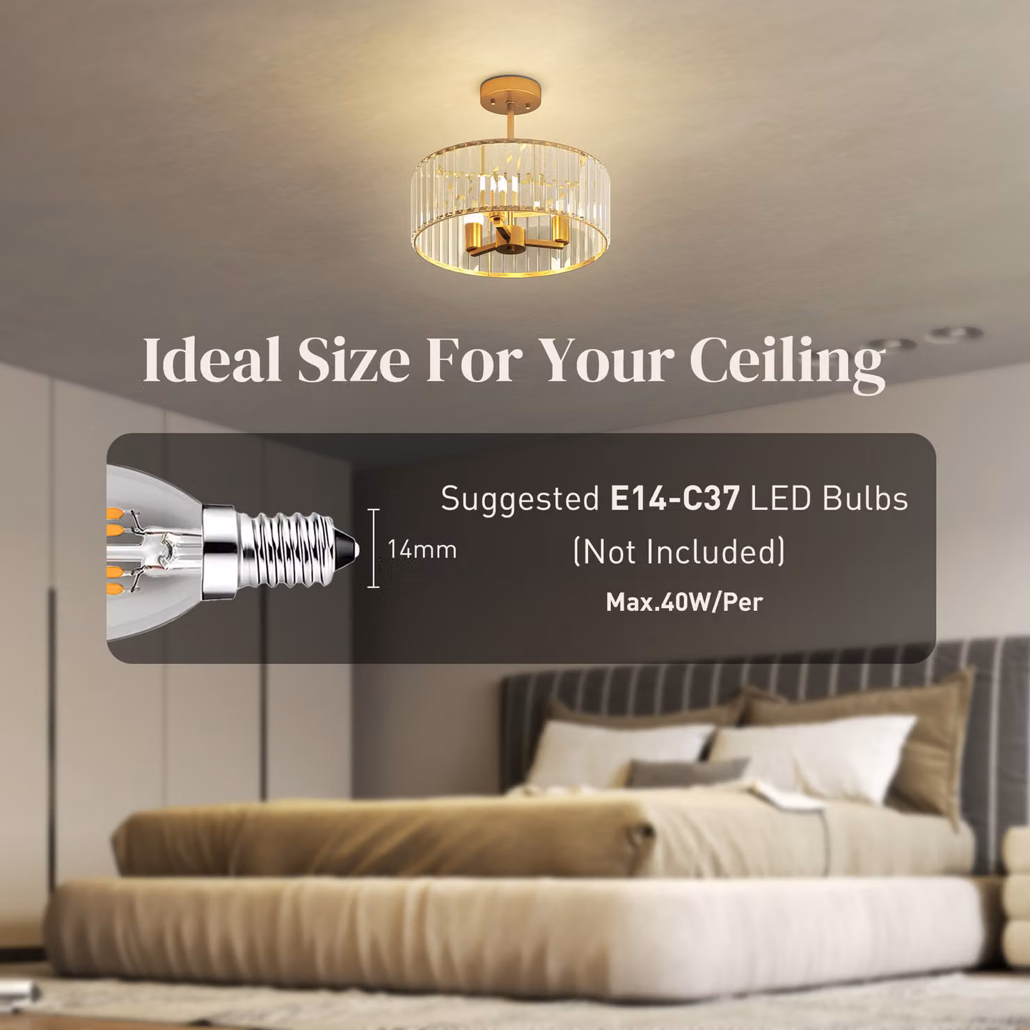 HOMCOM Modern Crystal Ceiling Light Fixture, Gold Tone Semi Flush Mount Chandelier with 3-Lights and E14 Base, W/D/H: 39 x 32 x 32 cm – 3