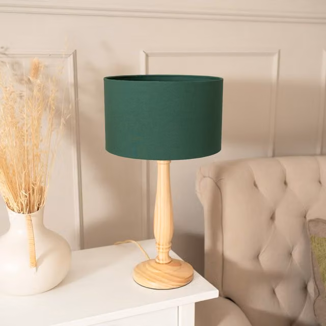 ValueLights Victoria Light Wood Table Lamp with Green Fabric Drum Shade
