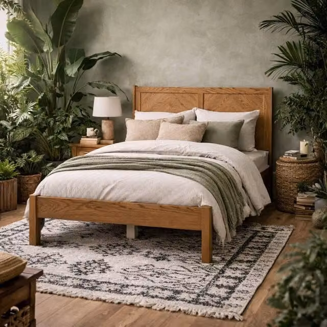 Wyld Haus Dungarvan Chevron Double Bed in Natural Wood with Headboard, W/D/H: 140 x 200 cm