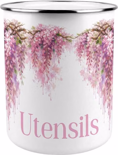 Purely Home Pink Wisteria Kitchen Utensil Holder in Pink and White