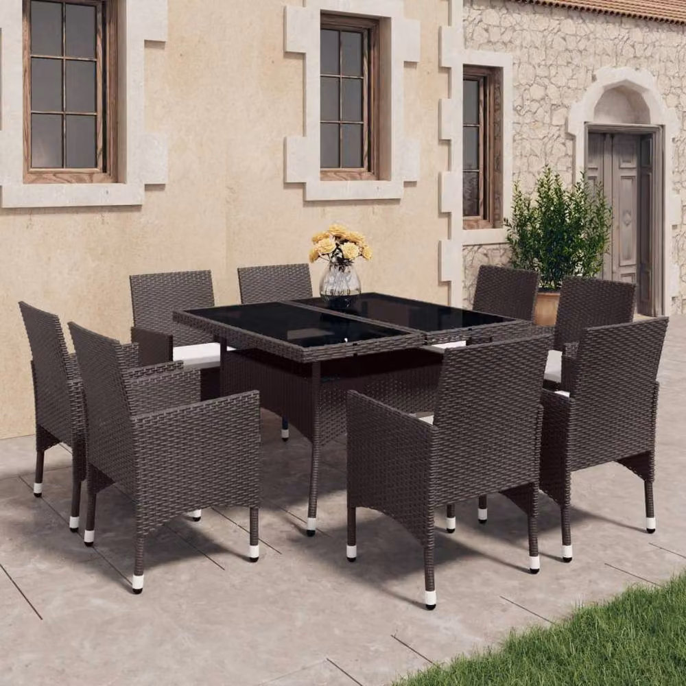 Berkfield Home Elegant 9 Piece Garden Dining Set in Brown Poly Rattan and Tempered Glass – 2