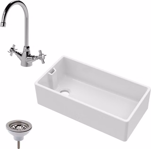 Balterley White Fireclay Belfast Kitchen Sink with Overflow and Mono Mixer Tap, W: 89.5 cm
