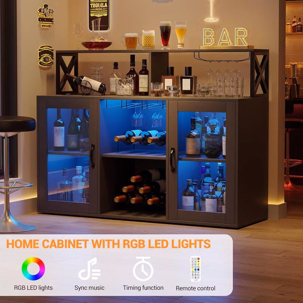 London Boutique Industrial Kitchen Island and Wine Bar Cabinet in Black with Integrated LED Lighting and Power Outlets, W/D/H: 120 x 40 x 91 cm – 3