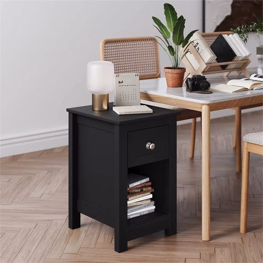 VOGREX Slim Side End Table and Bedside Nightstand with Drawer, Black – 5