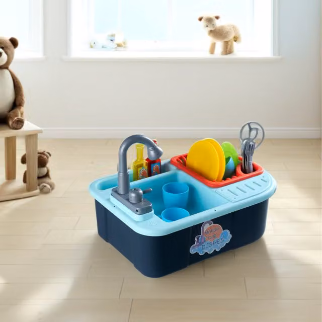 Livingandhome Blue Plastic Kitchen Sink Toy Set with Running Water