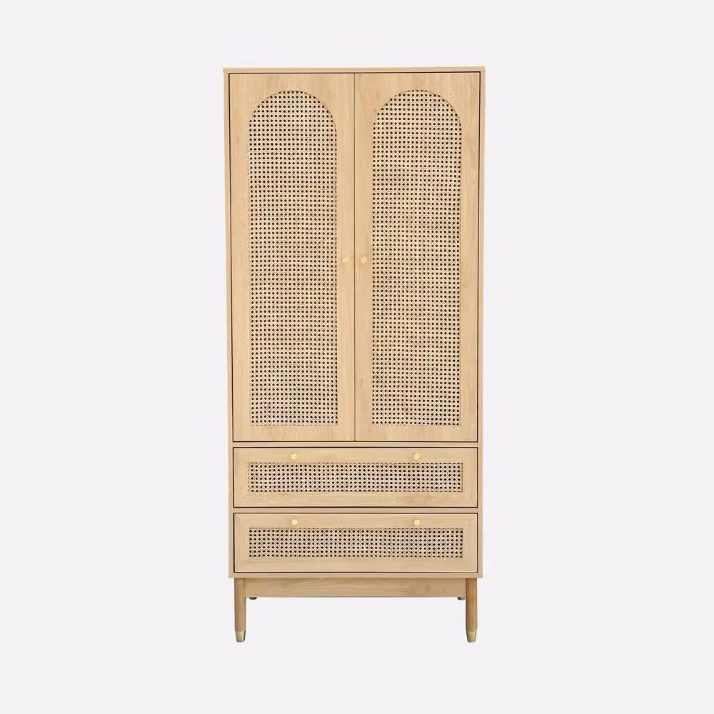 sweeek Boho Wardrobe with 2 Doors, 2 Drawers and Rattan Detail in Light Brown, H 180 x W 80 x D 50 cm – 2