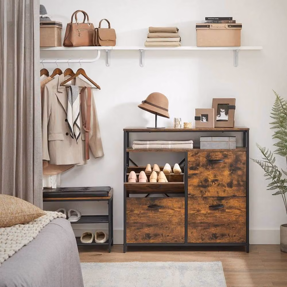 KORVIXA Brown Industrial Wood Shoe Cabinet with 4 Hinged Doors for Hallways, W: 100 cm, H: 95 cm, D: 30 cm – 2