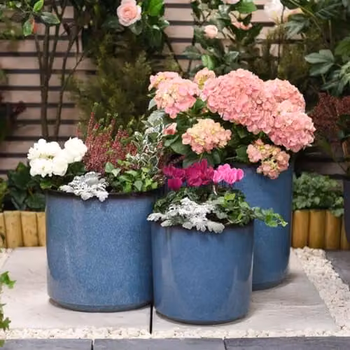 Garden Gear Blue Glazed Cylinder Planters for Indoor and Outdoor Use, Set of 3
