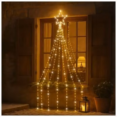 Xmas Haus 2.4m Waterfall 2D Christmas Tree with Warm White LEDs, Star Top and Twinkle Effect in White