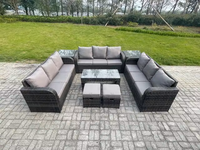 Fimous 11 Seater Rattan Garden Furniture Set with Coffee Table, 2 Footstools and 2 Side Tables in Dark Grey