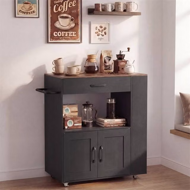 EONLION Rolling Kitchen Island with Large Drawer in Black Matt Wood