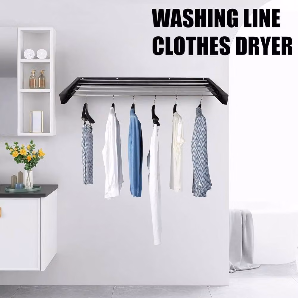 ATEK Wall Mounted Retractable Laundry Drying Rack in Black, W: 80 cm, D: 35 cm, H: 35 cm – 5