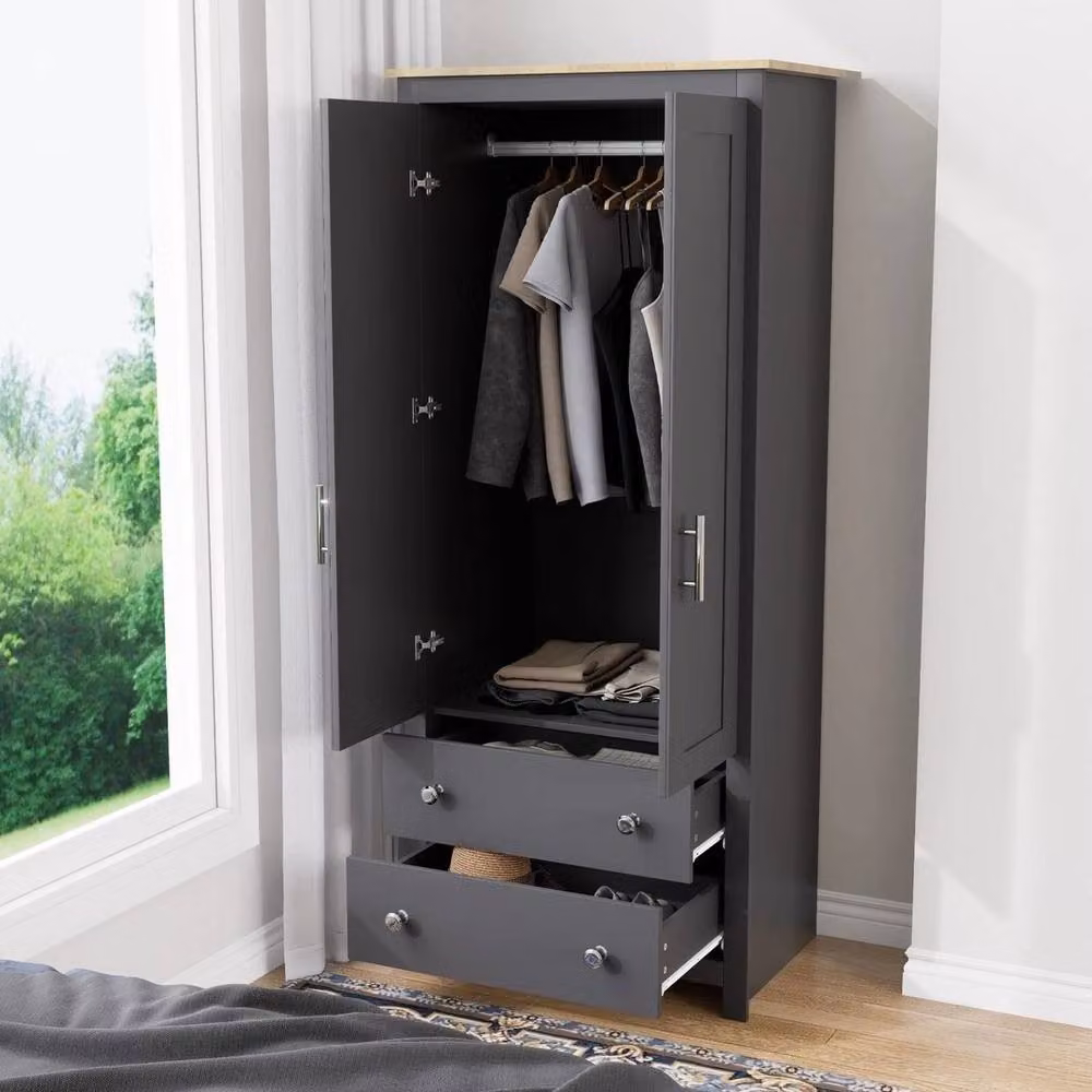 FORGEVIO Grey and Oak 2 Door Wardrobe with Integrated Drawers and Hanging Rail – 3