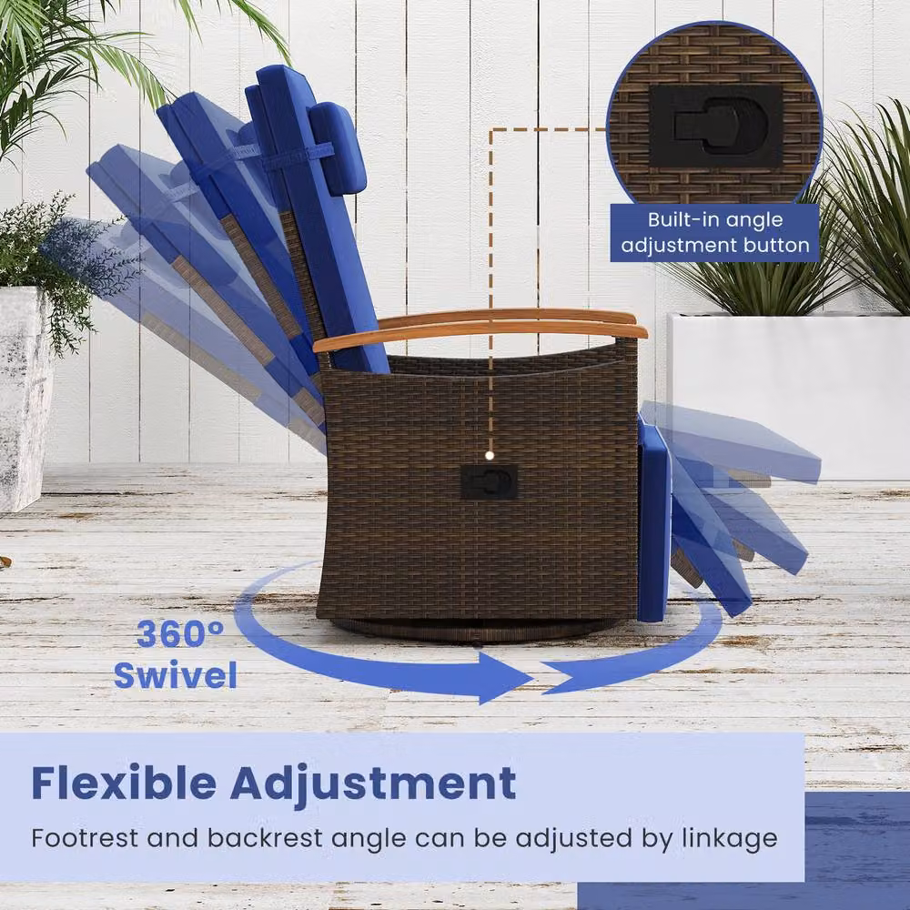 Gymax 360 Swivel Wicker Lounge Chair with Flip Side Table and Adjustable Headrest in Blue – 6