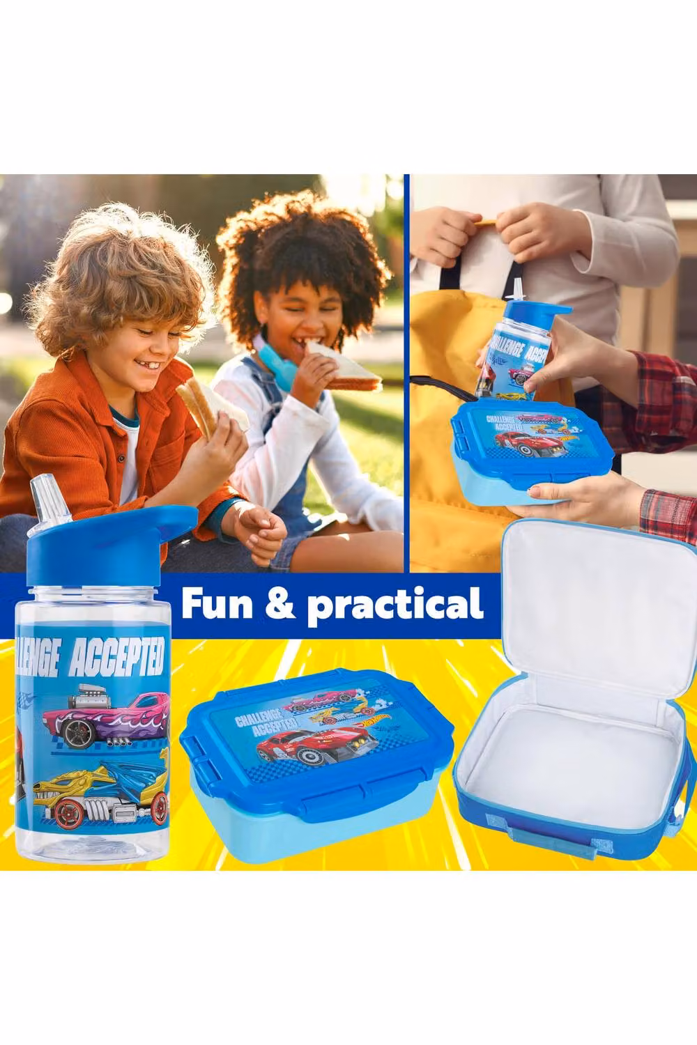 Get Trend Hot Wheels 3 Piece Lunch Set with Water Bottle and Lunch Box, Blue, BPA Free and Leakproof – 6